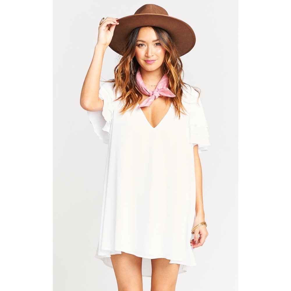 Show Me Your Mumu White Frilly Short Sleeve V Neck Mini Disick Dress Minimal